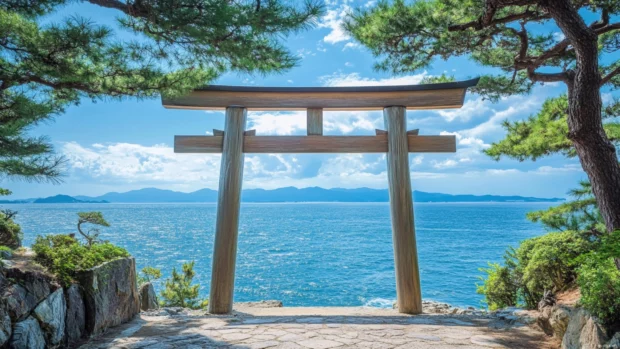 A magical Japan desktop wallpaper showing a Shinto shrine gate rising from the sea.