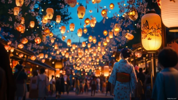 A magical Japanese anime festival filled with lanterns, fireworks and joyful characters.