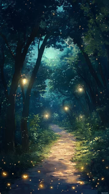 A magical Japanese anime forest path lit by fireflies and moonlight.