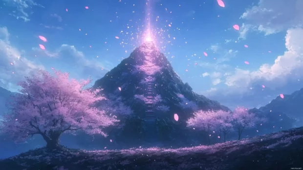 A magical anime mountaintop shrine glowing softly under falling sakura petals.