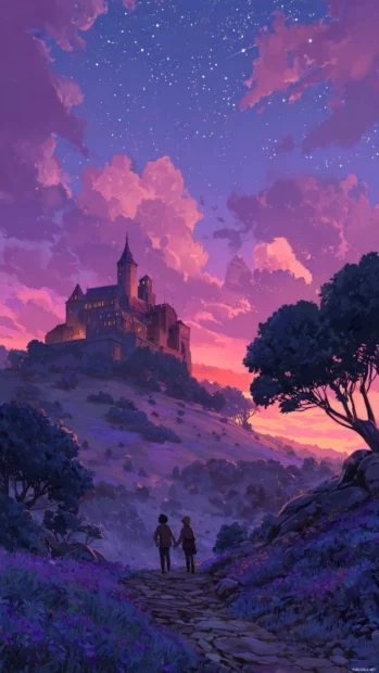 A magical castle on a hill under a sky lit with Cute Lavender hues.
