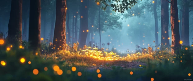 A magical enchanted forest with glowing plants and creatures illustrated in vivid 3440x1440 ultra wide.