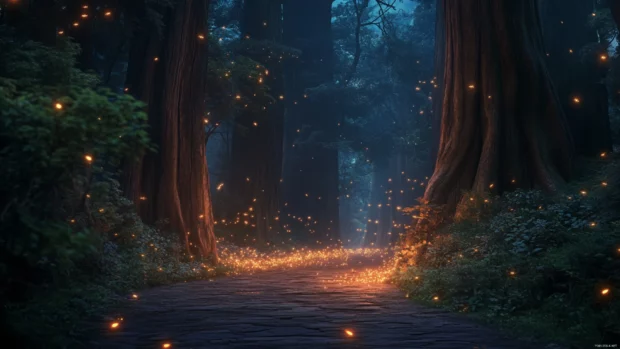 A magical evening in Japan where fireflies light up a forest path under towering trees.