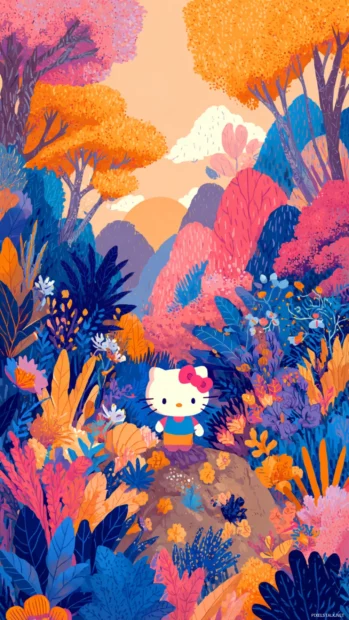 A magical fall garden where Hello Kitty is playing among colorful autumn flowers and leaves.
