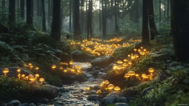 A magical forest clearing filled with glowing mushrooms and tiny streams.