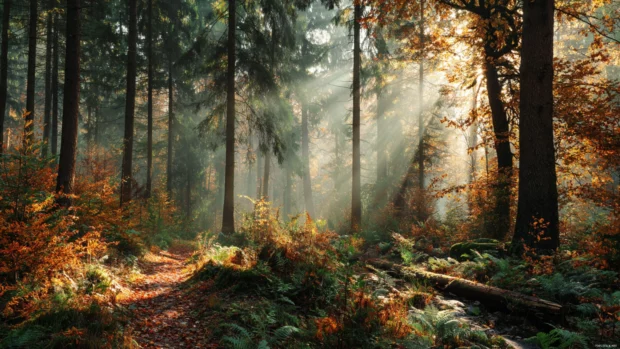A magical morning in a fall forest with mist rising between tall trees covered in warm autumn leaves.