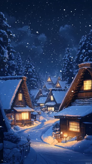 A magical night scene of Japans Shirakawa go village where thatched rooftops glow under snow.