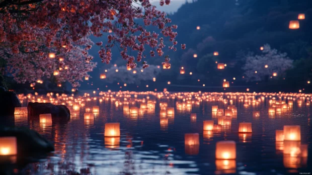 A magical scene of a Japan lantern festival with hundreds of glowing lights floating gently on a river.