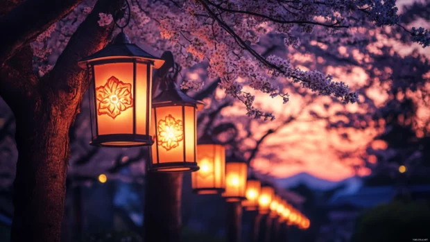 A magical twilight scene where Japanese cherry blossom trees are illuminated by glowing lanterns.