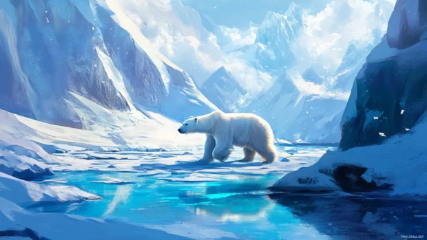 A majestic Polar Bear crossing a crystal clear icy path in the polar wilderness.