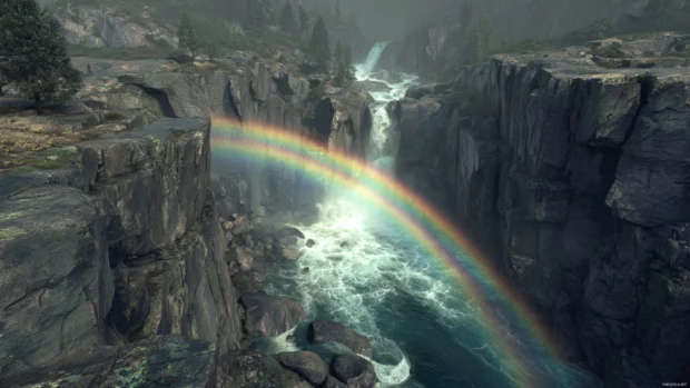 A majestic Waterfall flowing through volcanic rocks with a glowing rainbow spanning the valley.