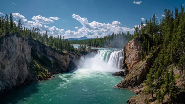 A majestic Waterfall plunging into a crystal clear lake under a bright blue sky.