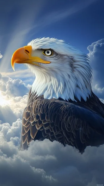 A majestic bald eagle wallpaper for iPhone with the bald eagle emerging from clouds, sunlight filtering behind.