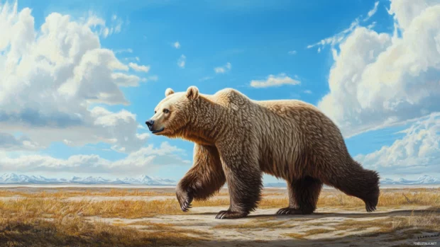 A majestic bear captured mid stride across an open tundra under a wide blue sky.