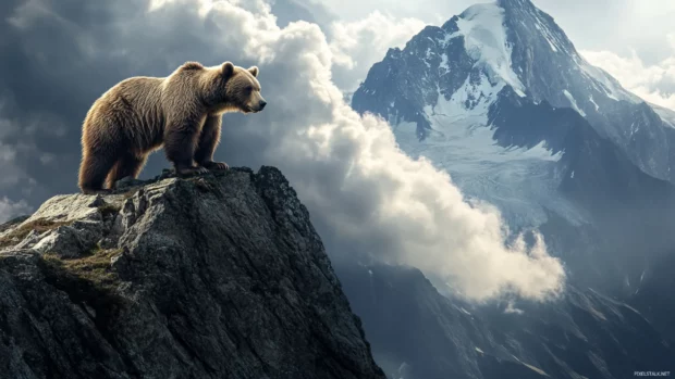 A majestic bear standing on a rocky mountain peak with clouds swirling around the summit.