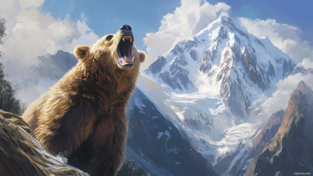 A majestic brown bear roaring in front of snow capped mountains.