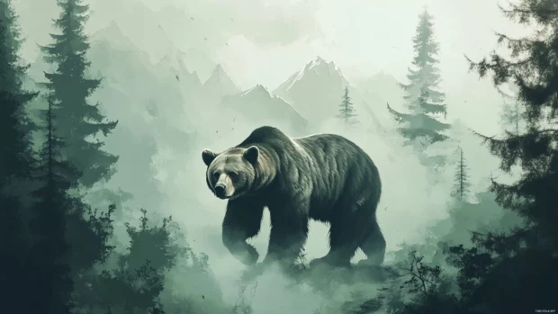 A majestic brown bear walks calmly through a misty pine forest, ideal for a brown bear wallpaper with forest background.
