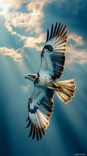 A majestic eagle iPhone wallpaper showing the eagle gliding through clouds with sunlight streaming across its wings.