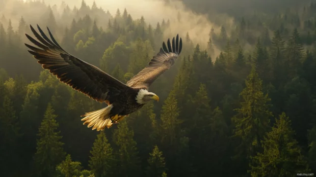 A majestic eagle in flight above a dense forest.