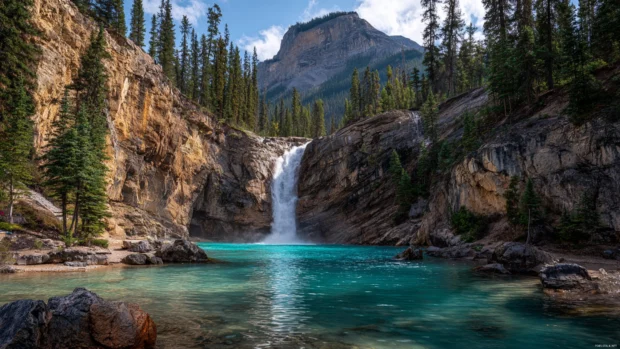 A majestic mountain Waterfall pouring into a turquoise pool with soft sunlight.