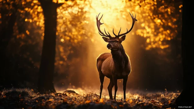 A majestic stag standing proudly in the middle of a forest clearing under golden light, a perfect deer wallpaper.