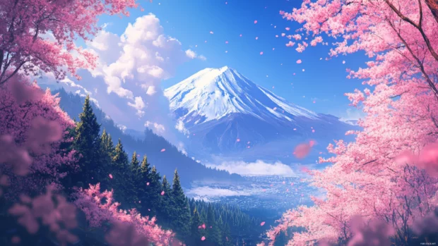 A majestic view of Mount Fuji desktop wallpaper framed by pink cherry blossoms.