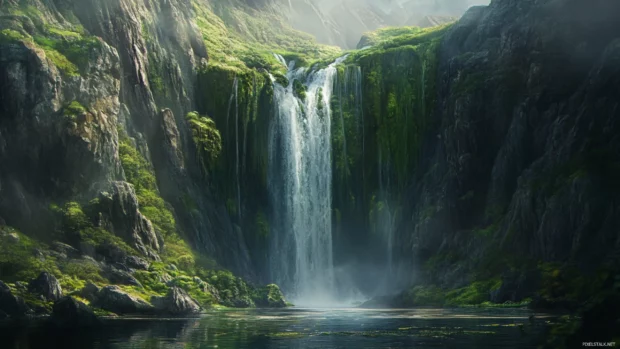 A majestic waterfall cascading down moss covered cliffs into a crystal pool.