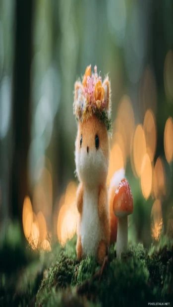 A miniature Cute Fox with a flower crown perched on a mushroom, soft bokeh forest background, magical detail.