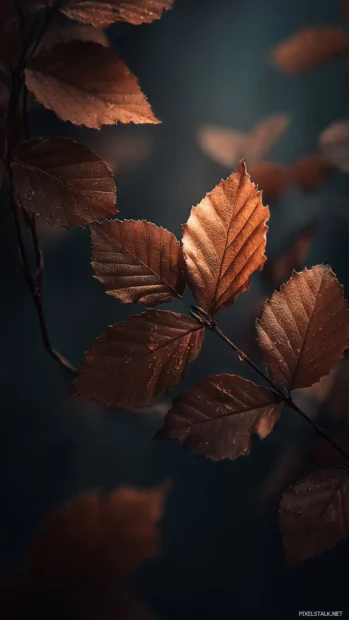 A minimalist Dark Fall composition for iPhone with deep brown leaves, misty background, and soft warm tones.