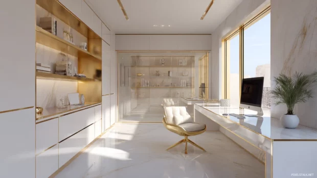 A minimalist Luxury home office with clean lines, golden accents and soft natural light.
