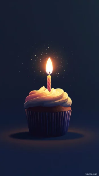 A minimalist birthday iPhone wallpaper highlighting a single lit candle on a cupcake against a plain background.