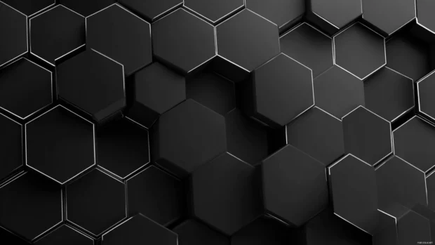 A minimalist black geometric wallpaper displaying thin line hexagon pattern on smooth matte canvas.