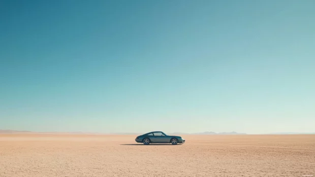 A minimalist capture of Porsche parked alone in a vast open desert under a vast clear sky.