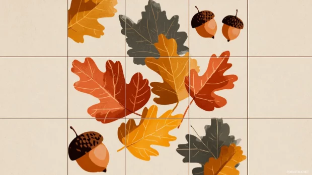 A minimalist preppy Fall design with leaves and acorns arranged in a tiled pattern.