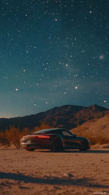 A minimalist shot of Porsche parked alone in a quiet desert landscape under the stars.