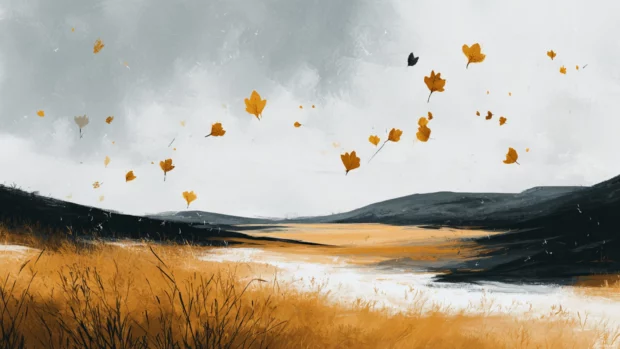 A minimalistic landscape capturing the essence of Fall vibes with scattered leaves and golden fields, abstract art style.
