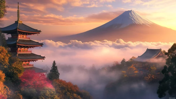 A misty Japan morning where mountain peaks rise above the clouds in breathtaking silence.