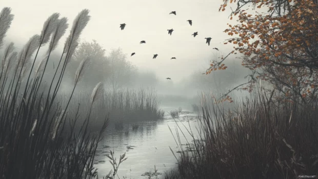 A misty riverbank surrounded by tall reeds and the soft call of birds.