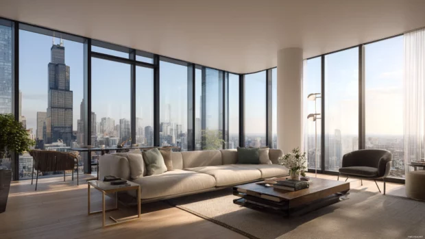 A modern Luxury living room with floor to ceiling windows and panoramic city views.