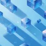 A modern blue geometric wallpaper showcasing floating 3d cubes casting soft shadows across bright blue background.