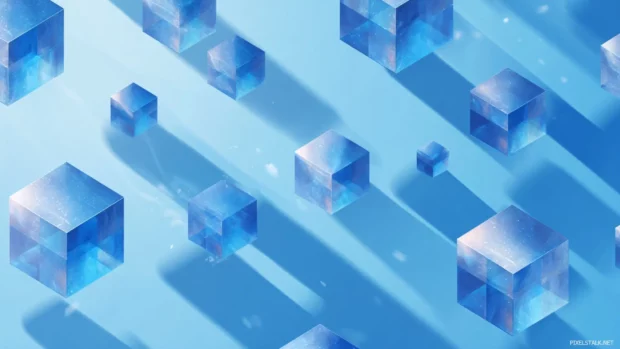 A modern blue geometric wallpaper showcasing floating 3d cubes casting soft shadows across bright blue background.