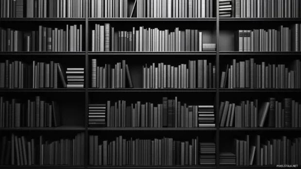 A modern bookshelf wallpaper for desktop featuring sleek shelves and a monochromatic color scheme.