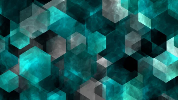 A modern geometric wallpaper hd featuring overlapping translucent hexagons in cool teal tones.