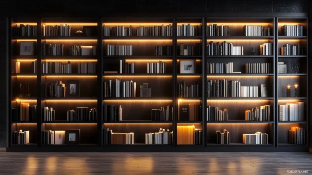 A modern minimalist bookshelf with monochrome books and subtle lighting.