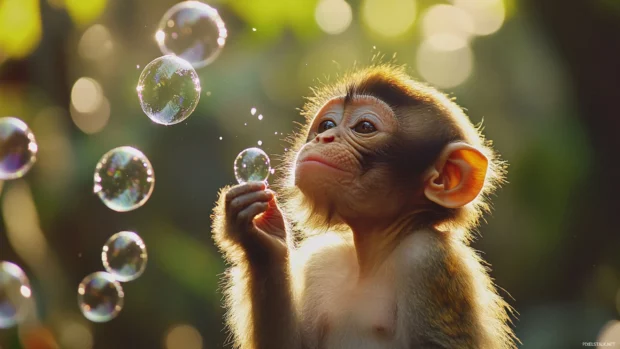 A monkey blowing bubbles and popping them with its nose.