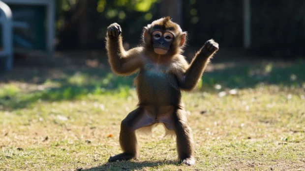 A monkey doing a little dance in the middle of a clearing.
