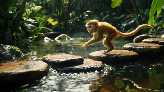 A monkey hopping excitedly across stepping stones in a jungle stream.