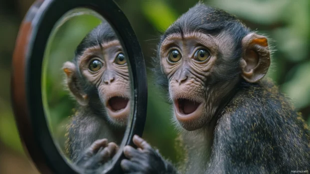 A monkey making a funny face in front of a mirror in the jungle.