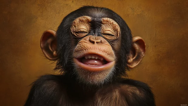 A monkey puffing up its cheeks trying to hold in laughter.