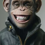 A monkey wearing a bomber jacket flashing a wide toothy grin.